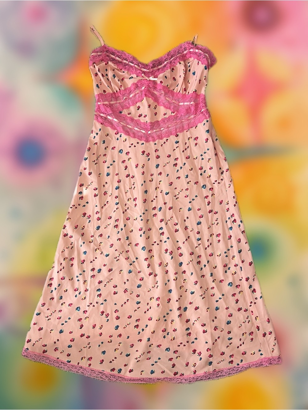 Betsey Johnson Pink Floral Lace-Trim Chemise Slip